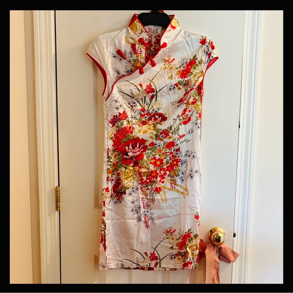 Floral Cheongsam Dress - White and Red